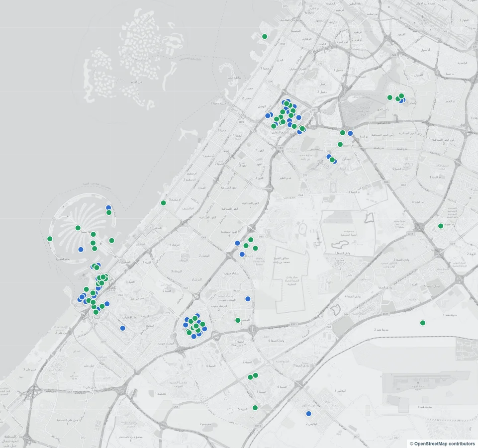 Map of Dubai with green dots for buildings VayK manages and blue dots for buildings it managed previously